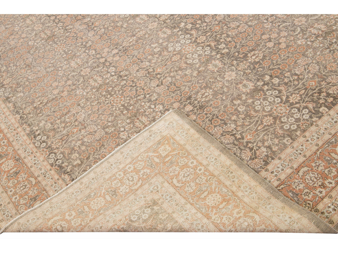 Antique Sivas Handmade Brown and Peach Floral Motif Wool Rug