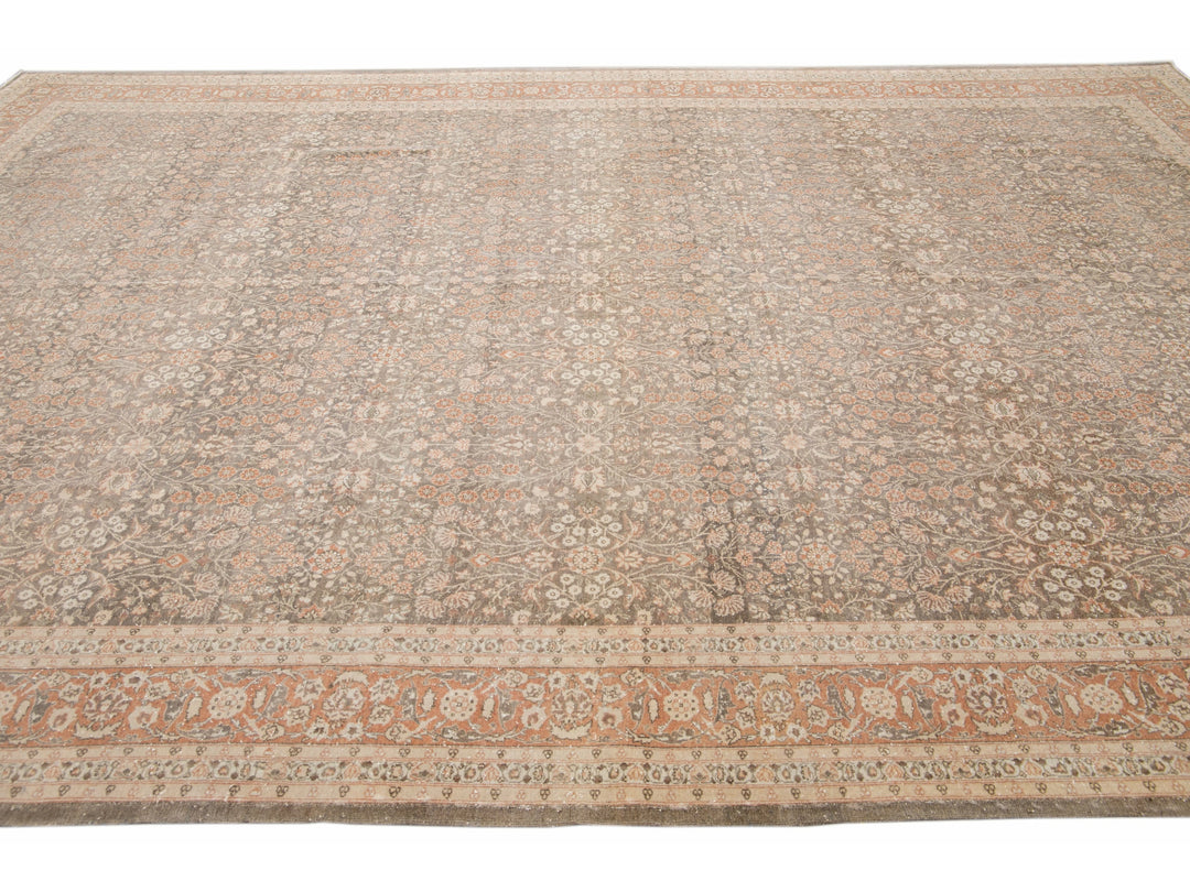 Antique Sivas Handmade Brown and Peach Floral Motif Wool Rug