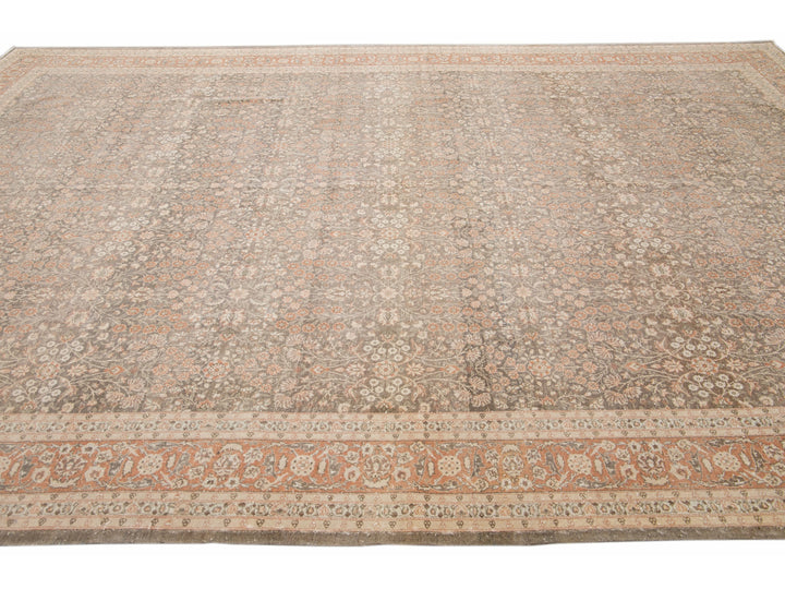 Antique Sivas Handmade Brown and Peach Floral Motif Wool Rug