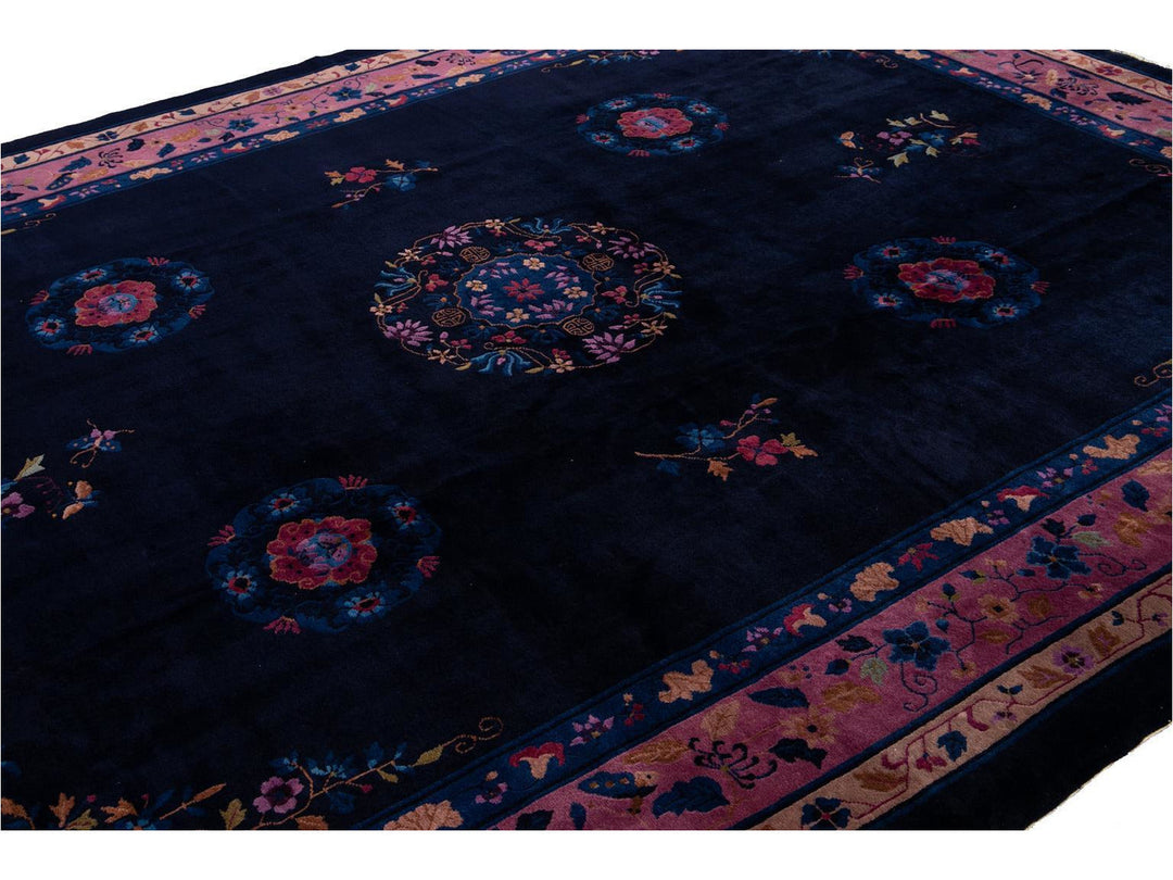Antique Art Deco Dark Indigo Chinese Wool Rug  9 X 12