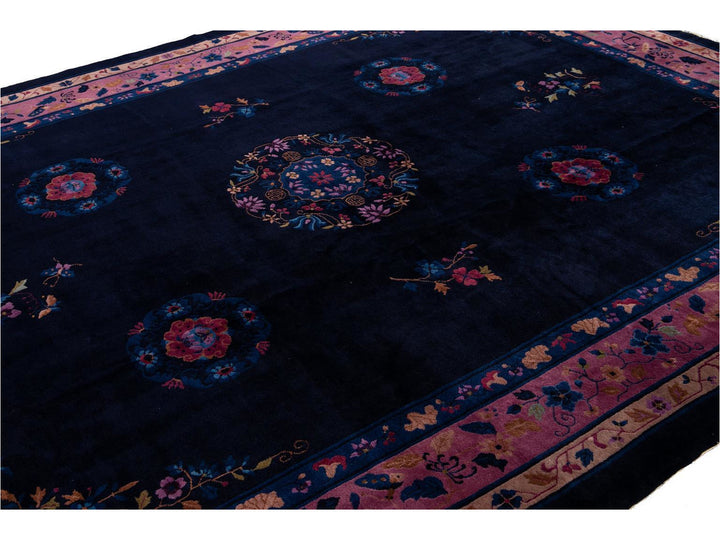 Antique Art Deco Dark Indigo Chinese Wool Rug  9 X 12
