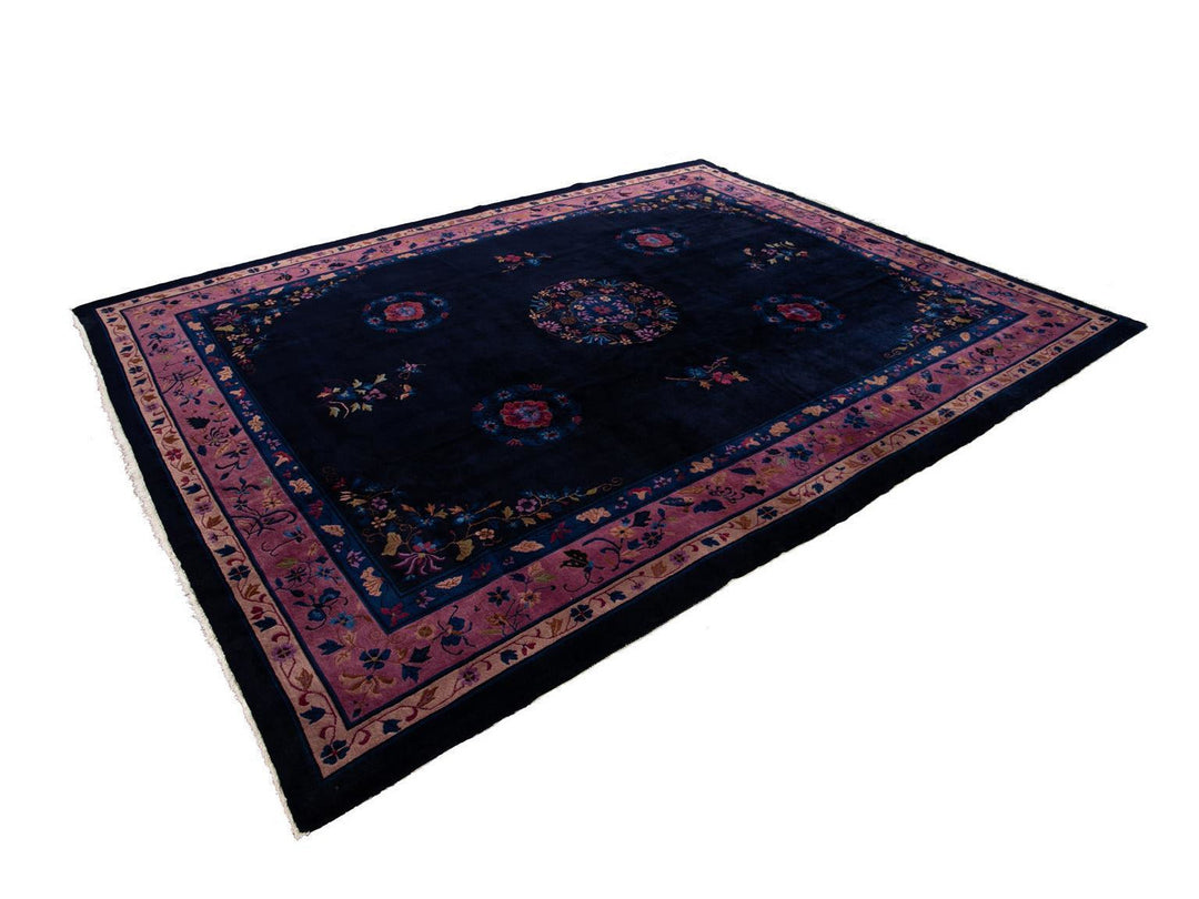 Antique Art Deco Dark Indigo Chinese Wool Rug  9 X 12