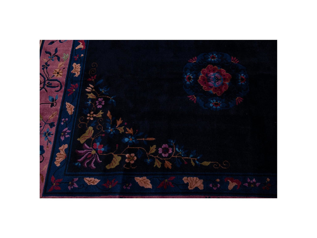 Antique Art Deco Dark Indigo Chinese Wool Rug  9 X 12