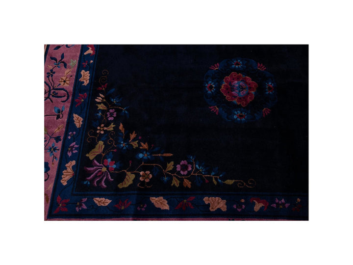 Antique Art Deco Dark Indigo Chinese Wool Rug  9 X 12