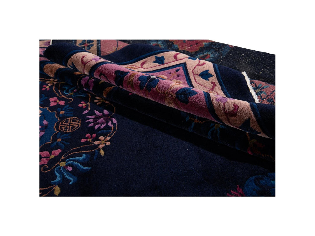 Antique Art Deco Dark Indigo Chinese Wool Rug  9 X 12