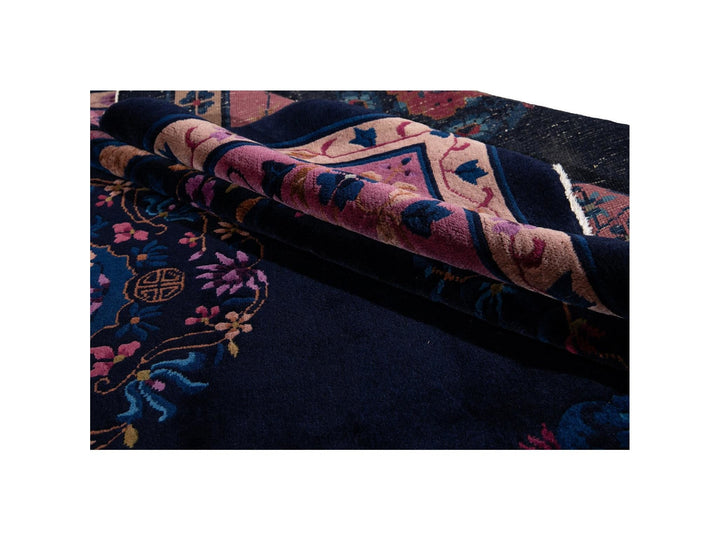 Antique Art Deco Dark Indigo Chinese Wool Rug  9 X 12