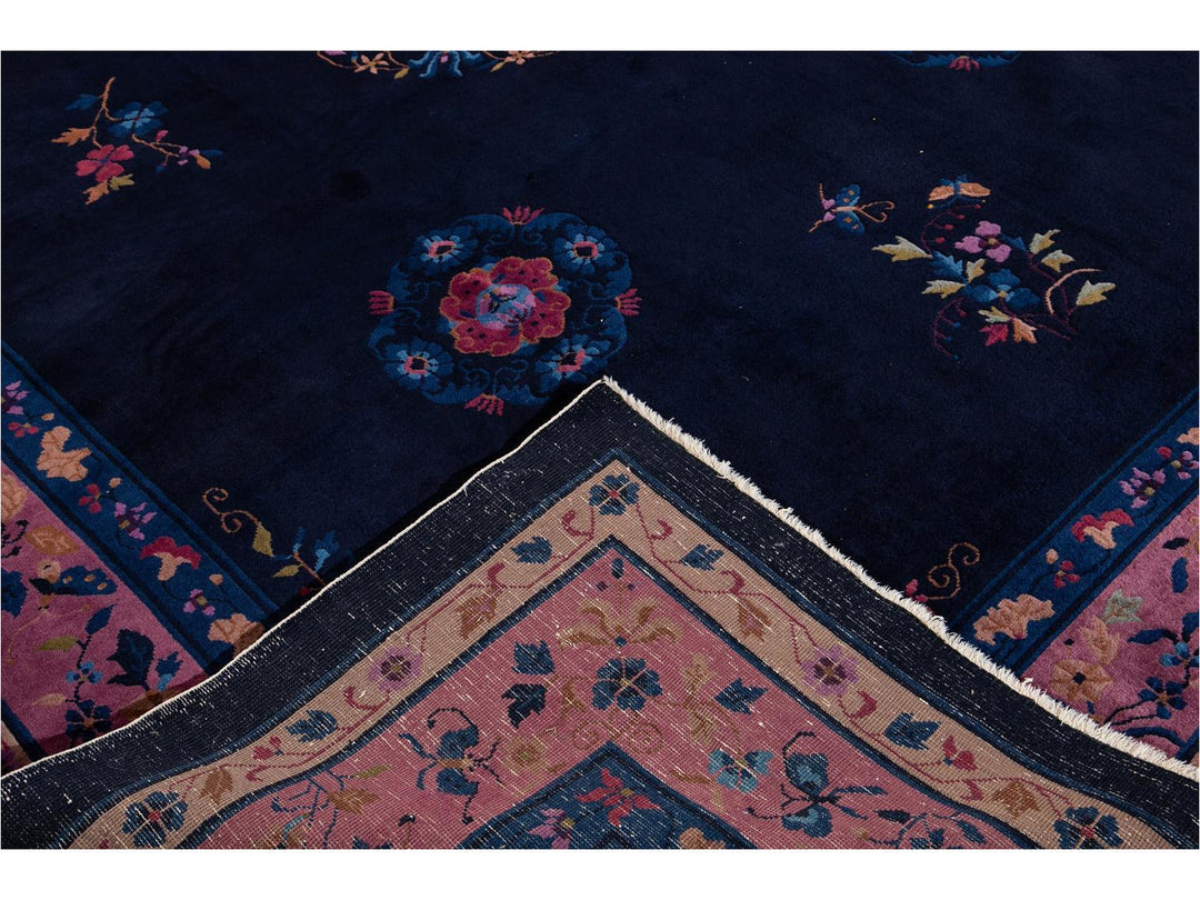 Antique Art Deco Dark Indigo Chinese Wool Rug  9 X 12