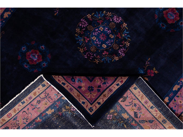 Antique Art Deco Dark Indigo Chinese Wool Rug  9 X 12