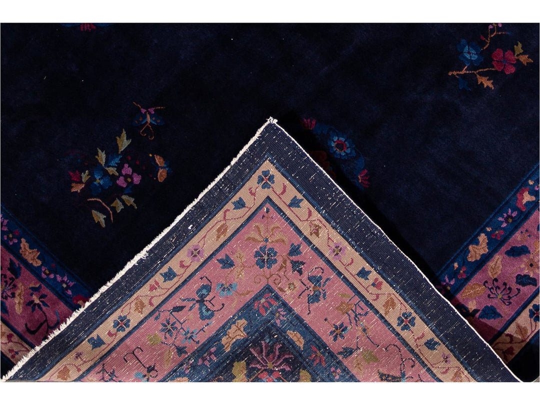 Antique Art Deco Dark Indigo Chinese Wool Rug  9 X 12
