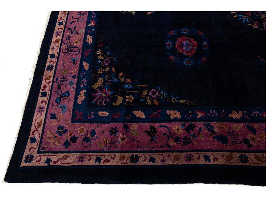 Antique Art Deco Dark Indigo Chinese Wool Rug  9 X 12