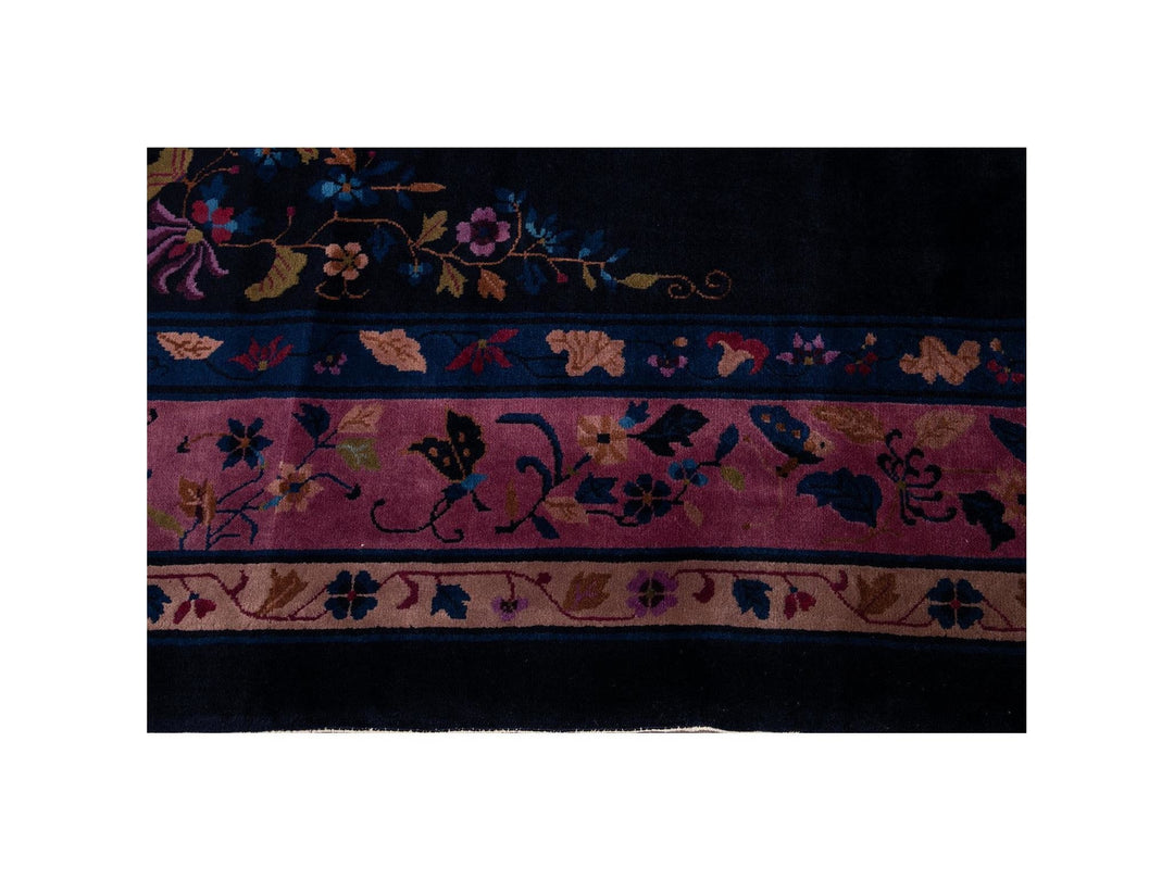 Antique Art Deco Dark Indigo Chinese Wool Rug  9 X 12