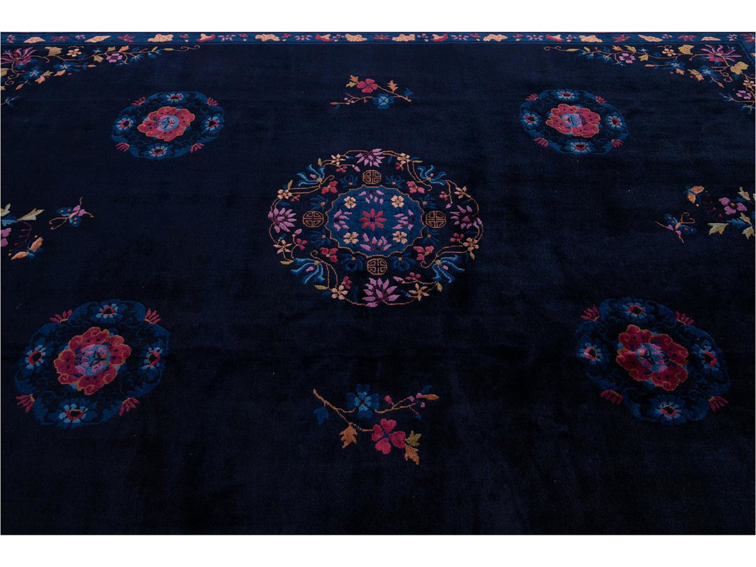 Antique Art Deco Dark Indigo Chinese Wool Rug  9 X 12