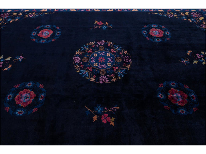 Antique Art Deco Dark Indigo Chinese Wool Rug  9 X 12