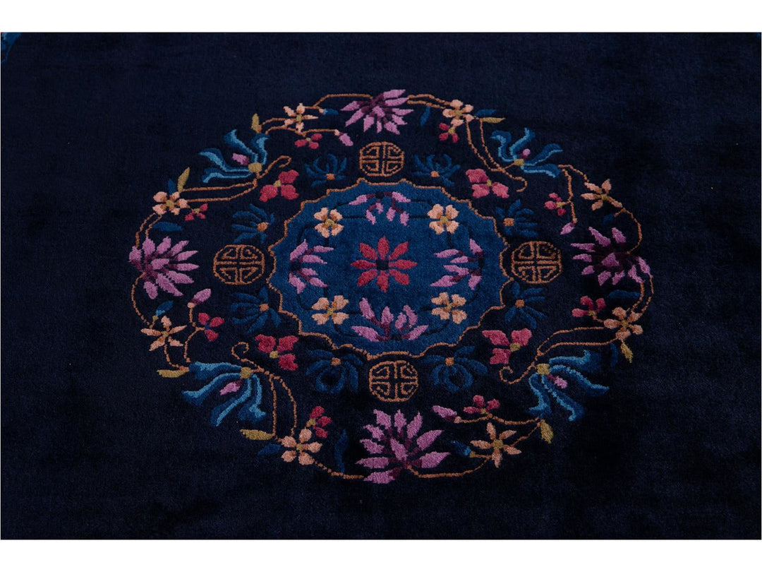 Antique Art Deco Dark Indigo Chinese Wool Rug  9 X 12