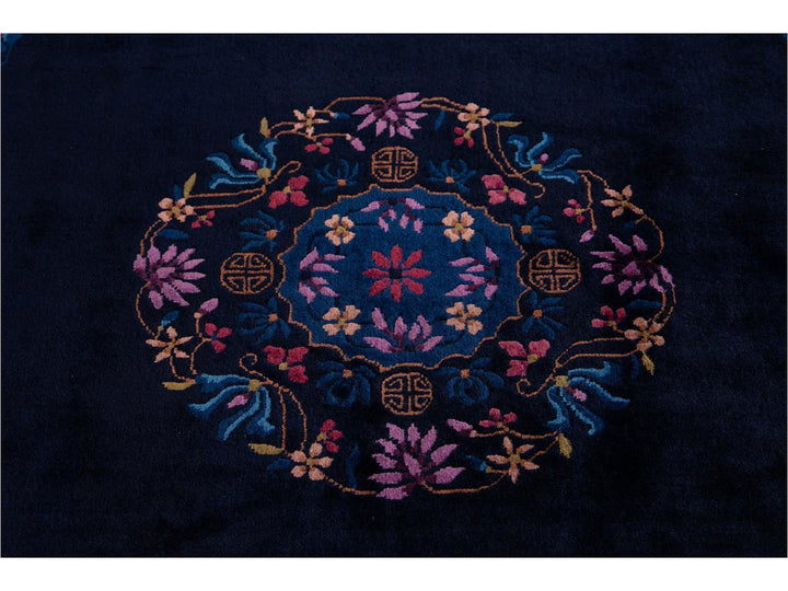 Antique Art Deco Dark Indigo Chinese Wool Rug  9 X 12