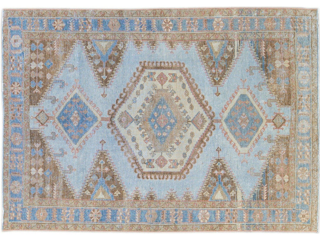 Vintage Malayer Handmade Medallion Designed Blue Wool Rug