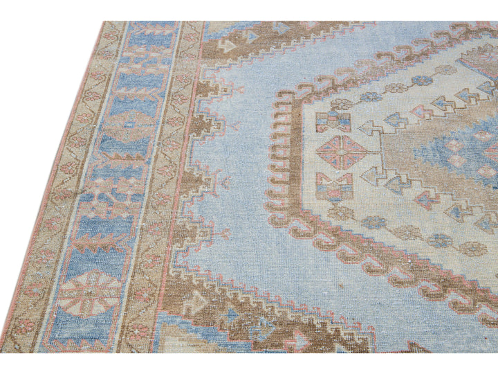 Vintage Malayer Handmade Medallion Designed Blue Wool Rug
