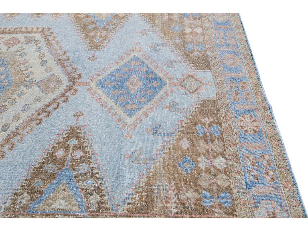 Vintage Malayer Handmade Medallion Designed Blue Wool Rug