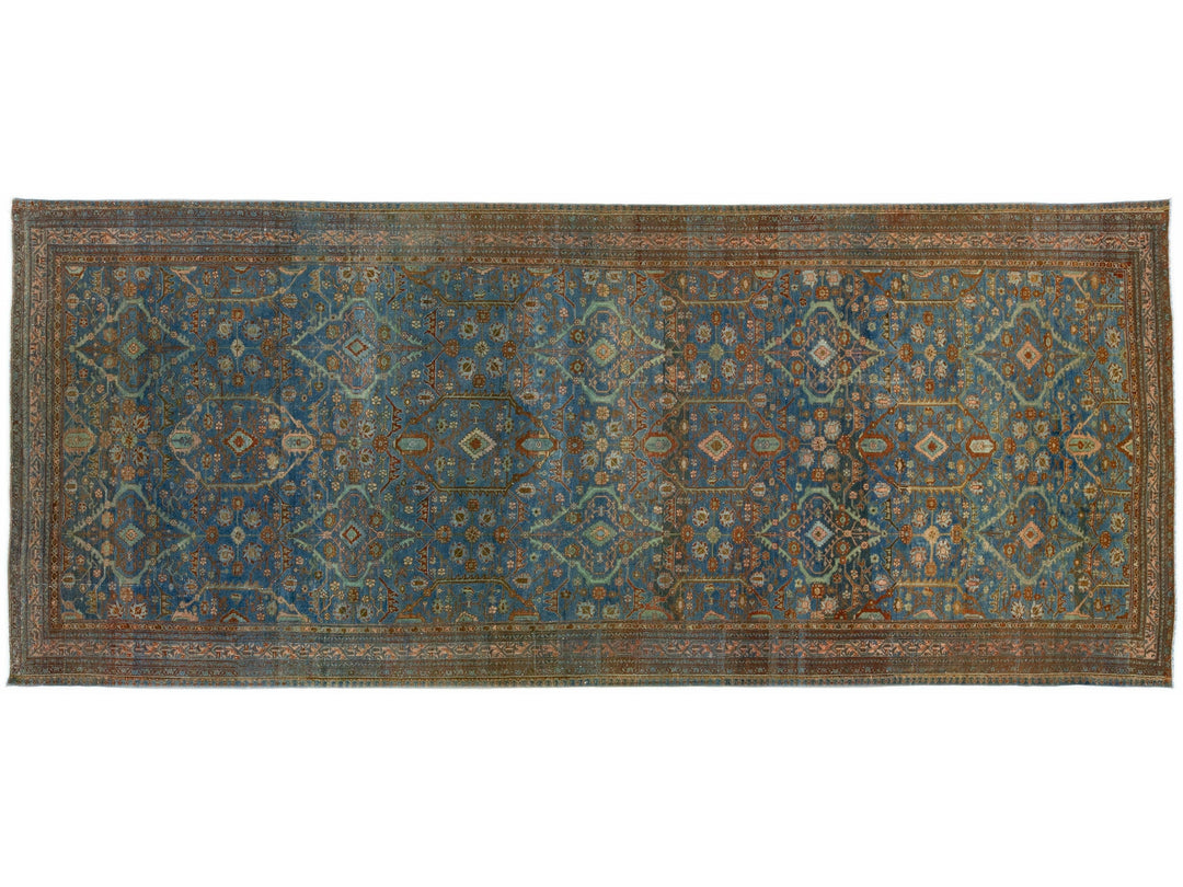 Blue Vintage Hamadan Handmade Medallion Floral Motif Wool Runner