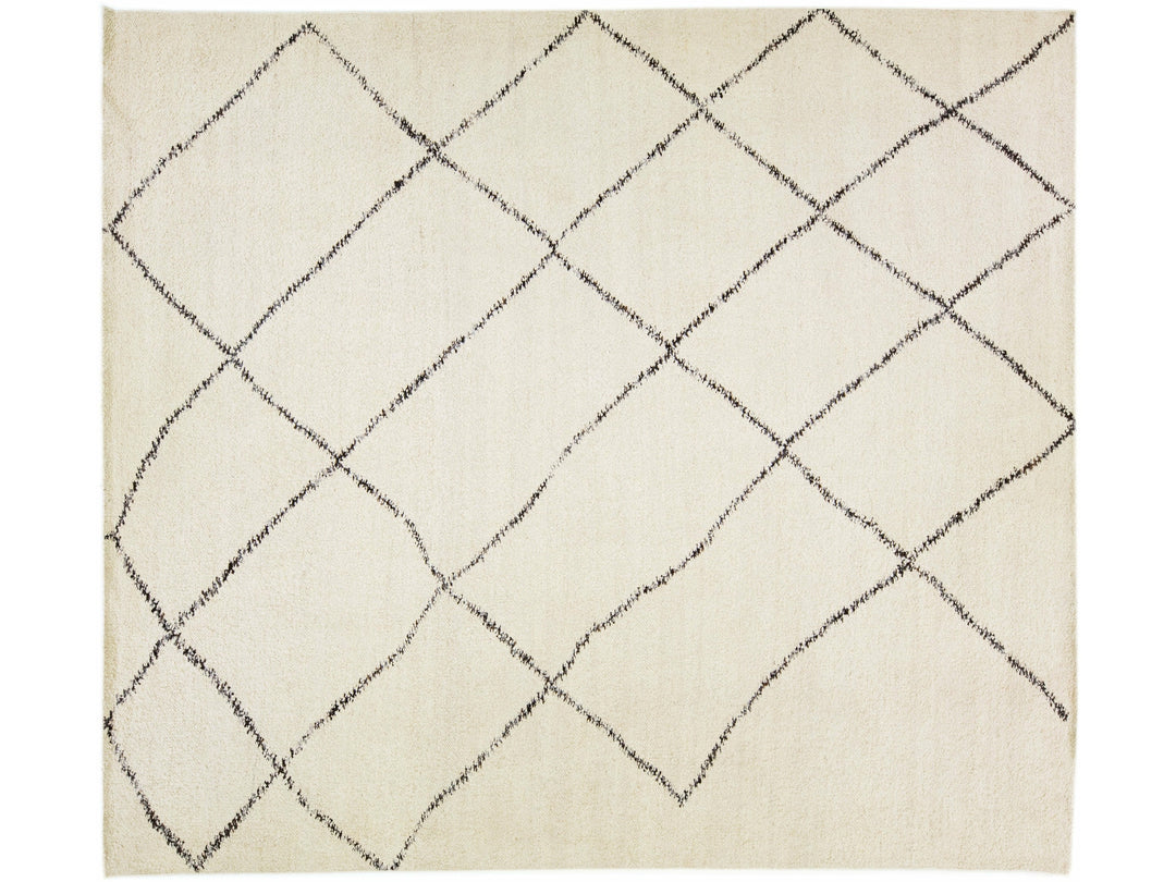 Modern Moroccan Style Handmade Ivory Geometric Wool Rug