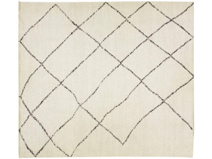 Modern Moroccan Style Handmade Ivory Geometric Wool Rug