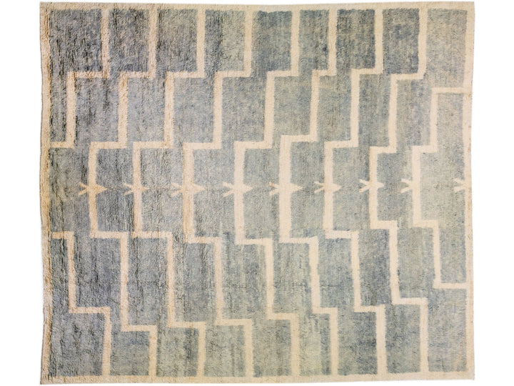 Modern Turkish Tulu Handmade Oversize Wool Rug with Grey Geometric Motif