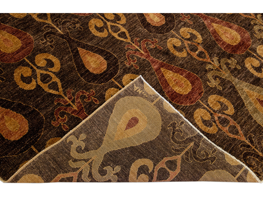 Brown Modern Ikat Handmade Geometric Pattern Designed Wool Rug