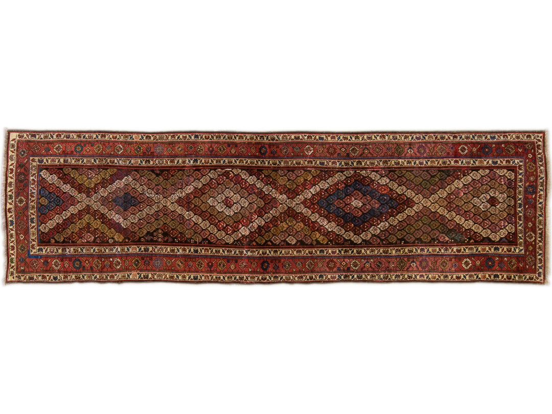 Antique Persian Kurd Handmade Allover Multicolor Wool Runner