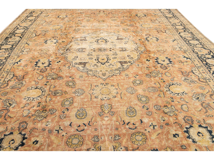 Antique Indian Agra Handmade Medallion Motif Peach Oversize Wool Rug
