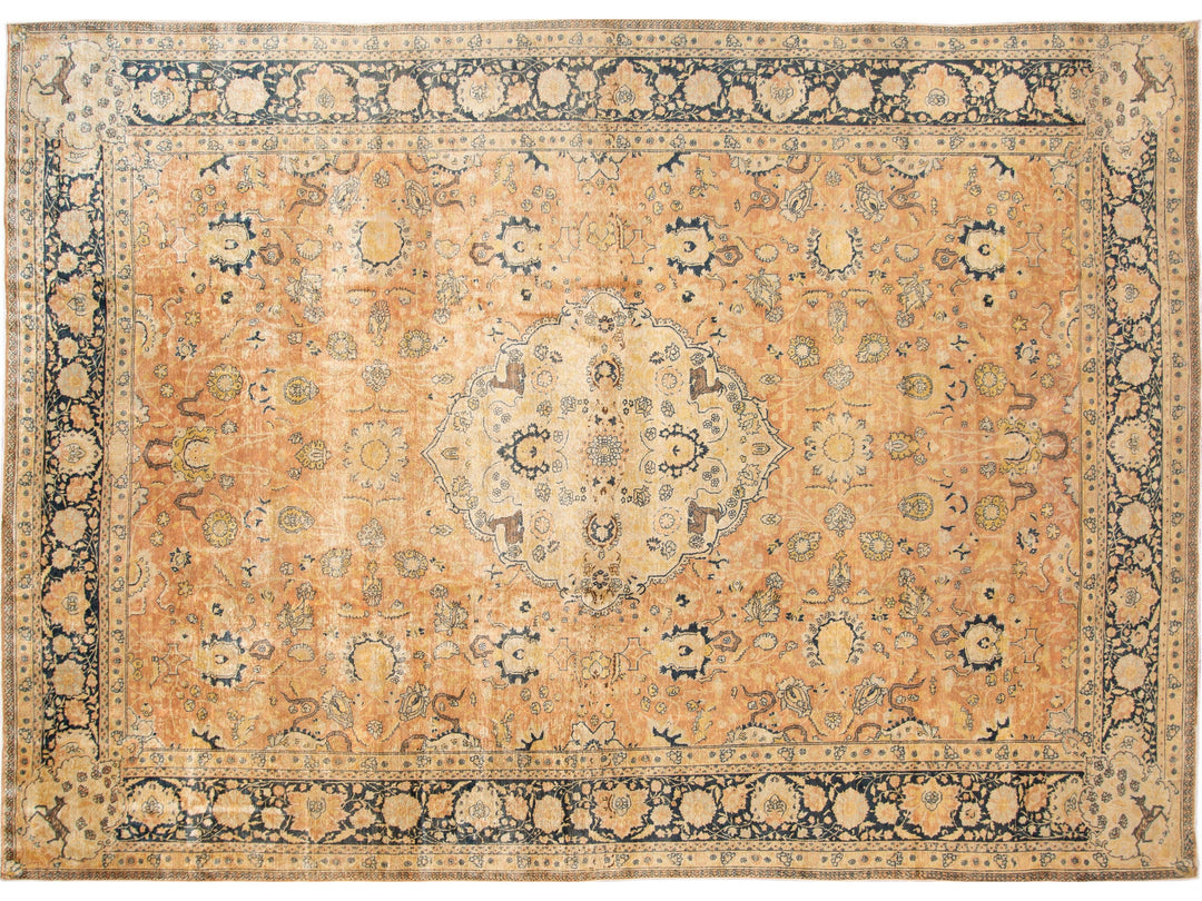Antique Indian Agra Handmade Medallion Motif Peach Oversize Wool Rug