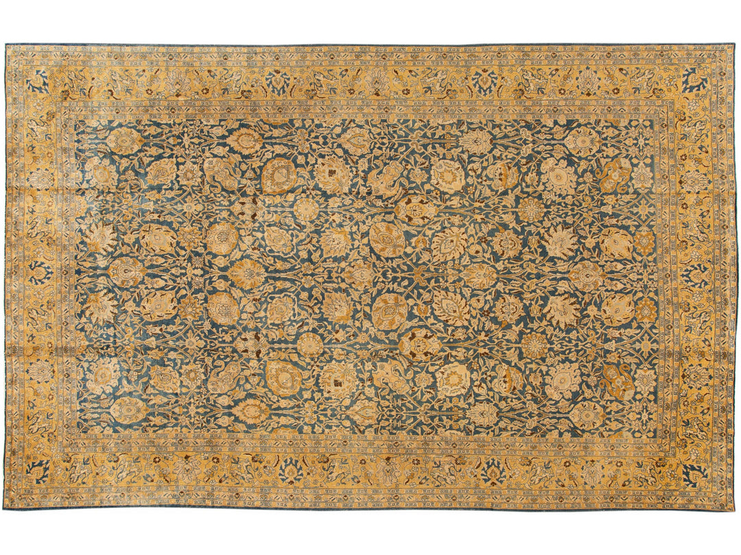 Blue Antique Persian Tabriz Handmade Allover Floral Oversize Wool Rug
