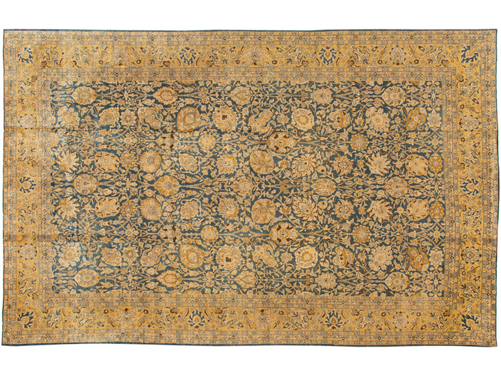 Blue Antique Persian Tabriz Handmade Allover Floral Oversize Wool Rug