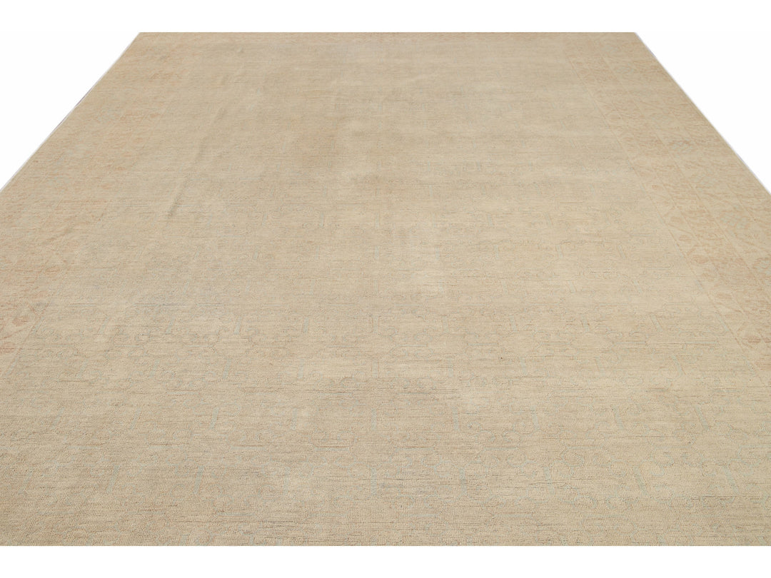 Modern Peshawar Pakistani Handmade Floral Beige Wool Rug