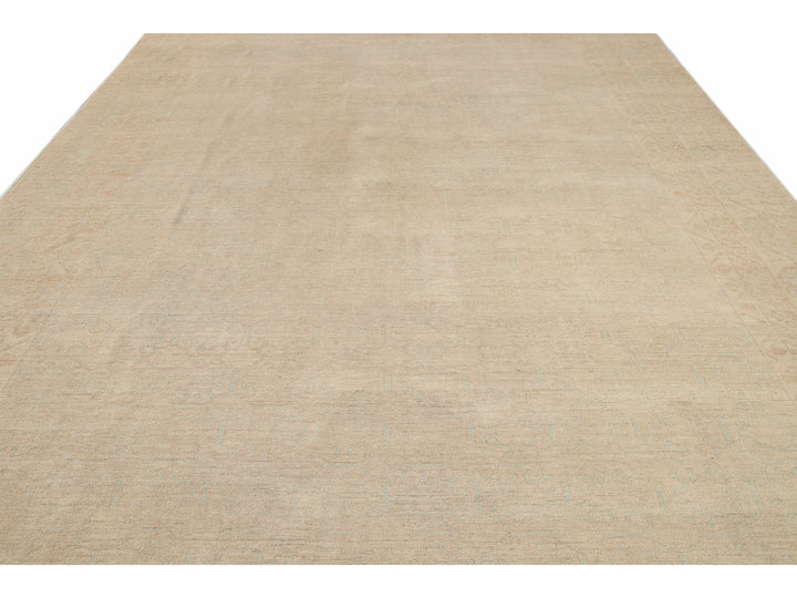 Modern Peshawar Pakistani Handmade Floral Beige Wool Rug