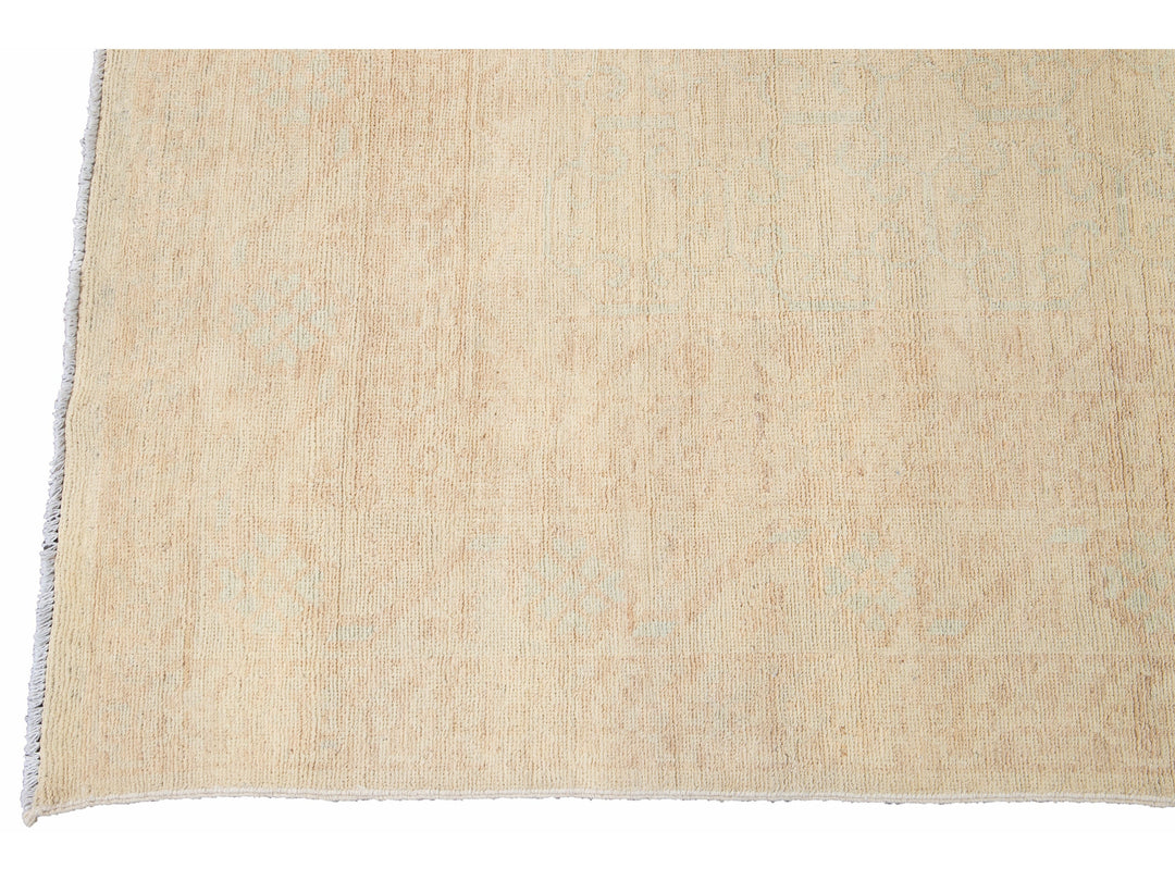 Modern Peshawar Pakistani Handmade Floral Beige Wool Rug