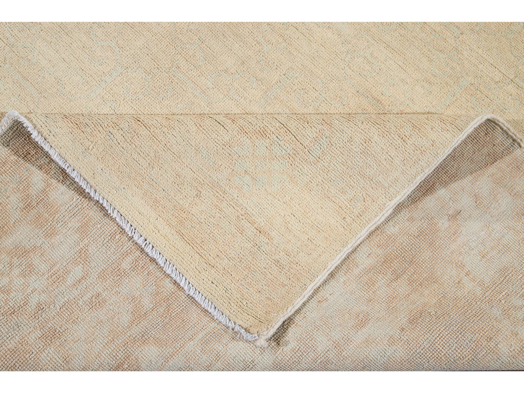 Modern Peshawar Pakistani Handmade Floral Beige Wool Rug