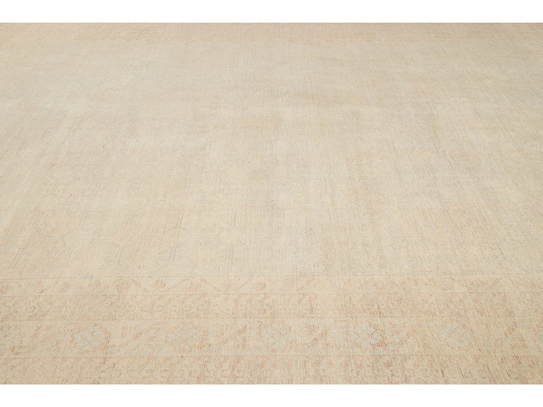 Modern Peshawar Pakistani Handmade Floral Beige Wool Rug