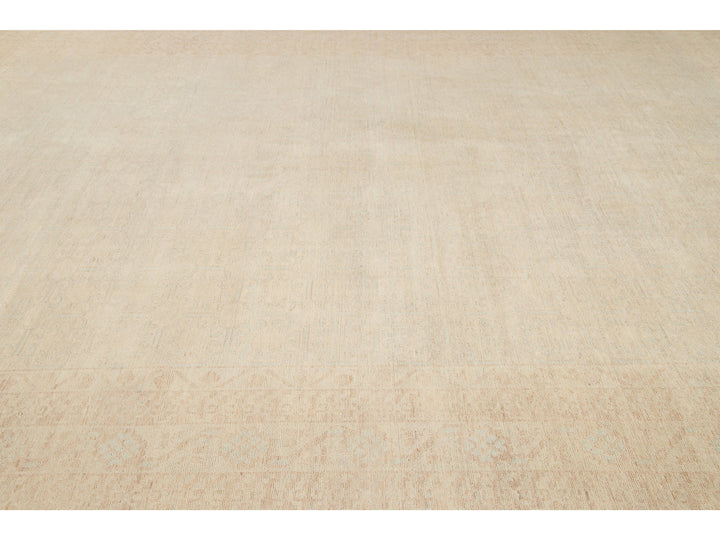 Modern Peshawar Pakistani Handmade Floral Beige Wool Rug