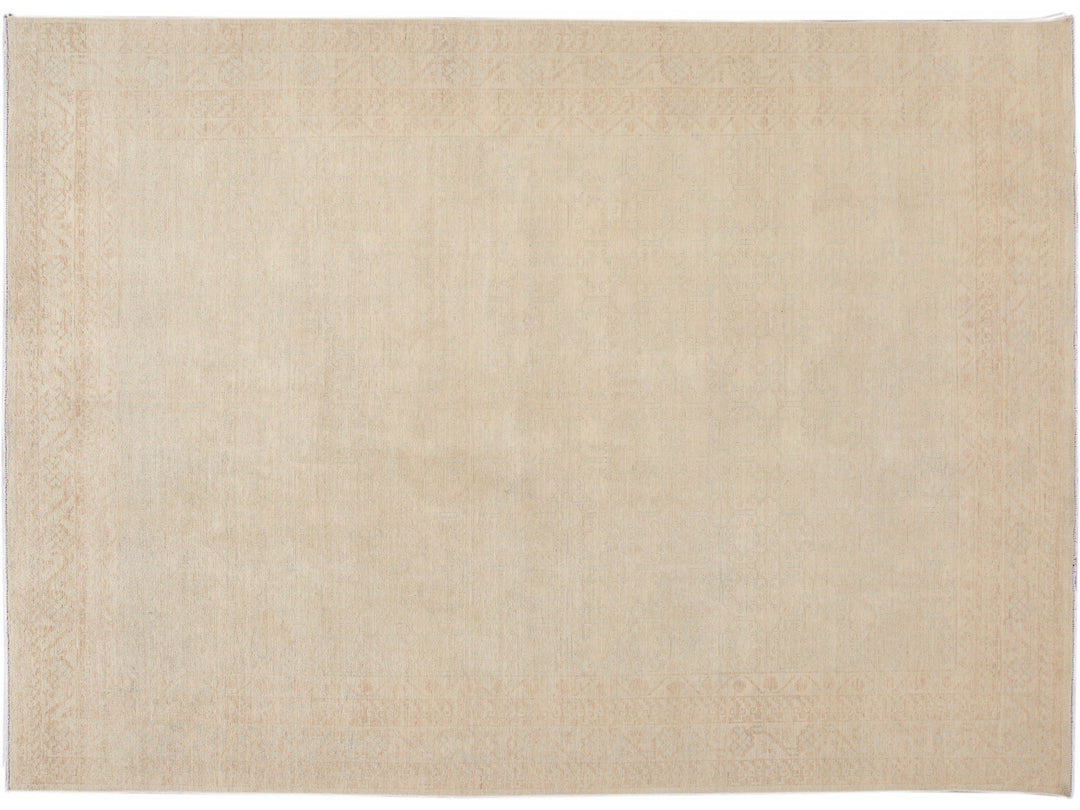 Modern Peshawar Pakistani Handmade Floral Beige Wool Rug