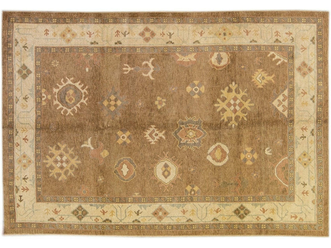 Modern Turkish Oushak Handmade Floral Motif Brown Wool Rug