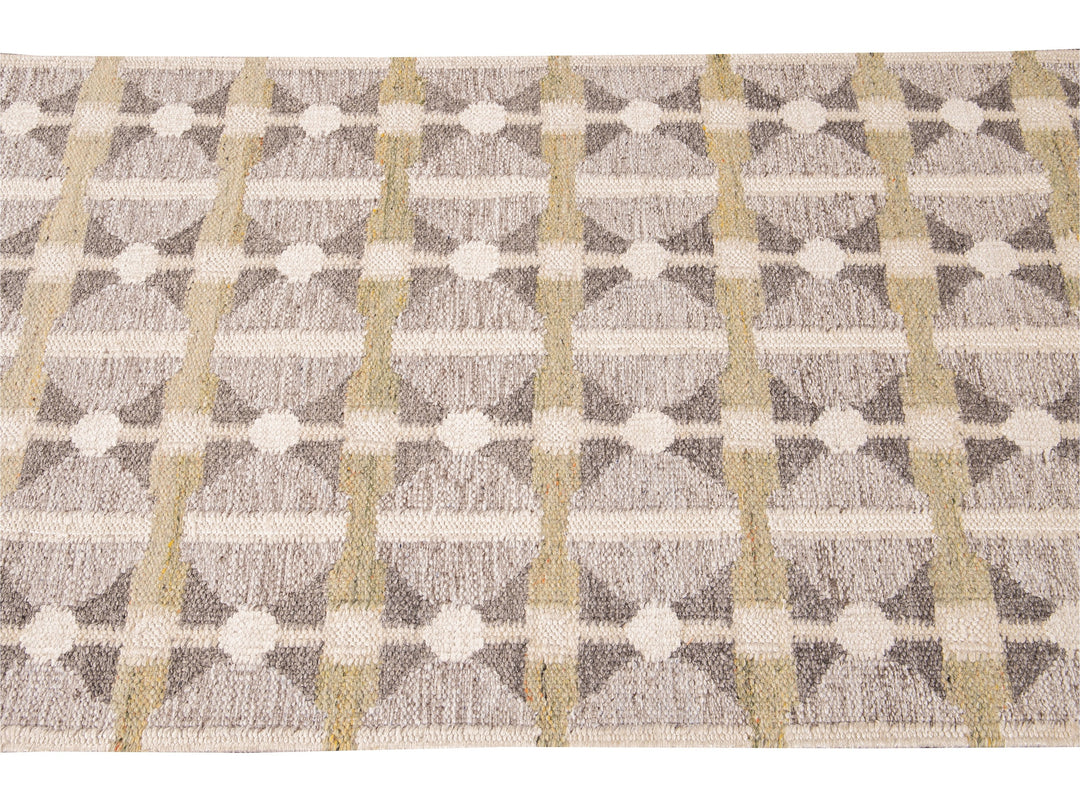 Modern Swedish Style Gray and Beige Handmade Geometric Wool Runner
