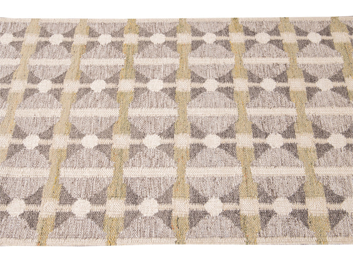 Modern Swedish Style Gray and Beige Handmade Geometric Wool Runner