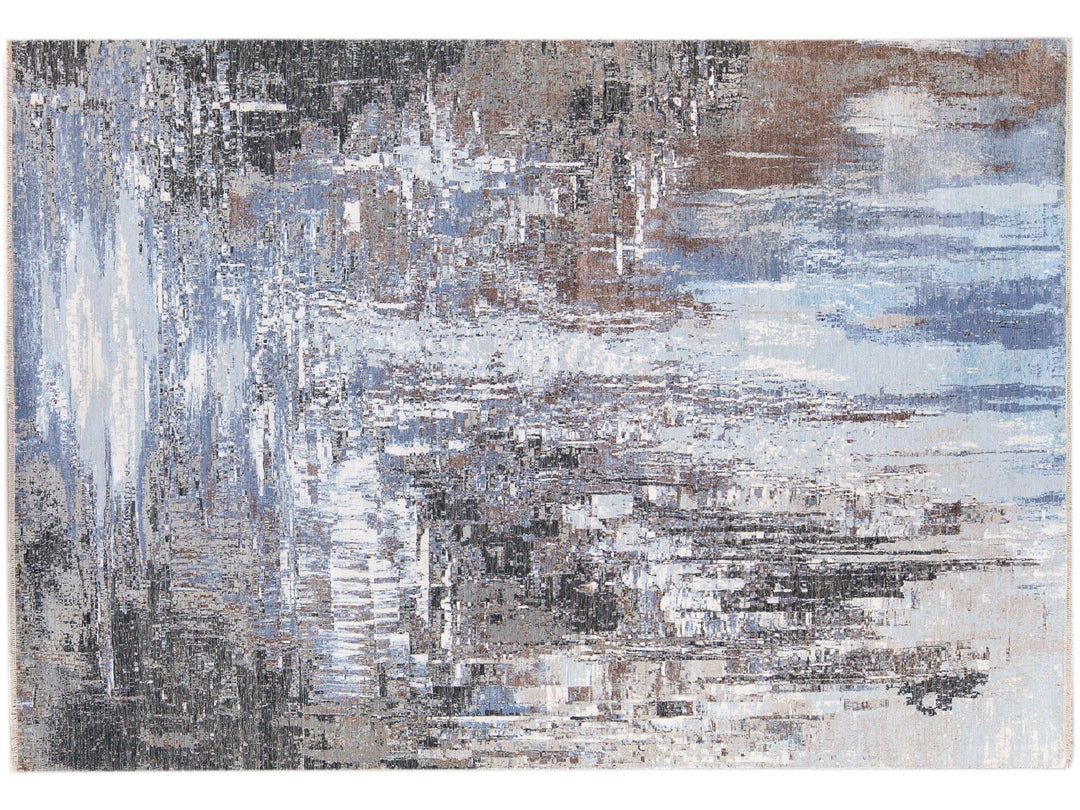 Modern Indian Handmade Abstract Blue Wool and Silk Rug