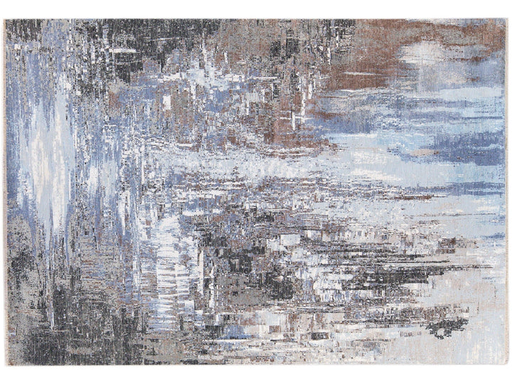 Modern Indian Handmade Abstract Blue Wool and Silk Rug