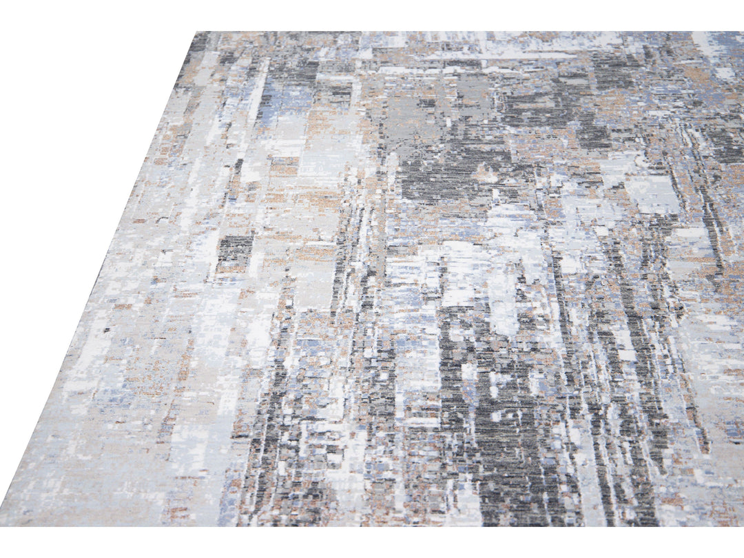 Modern Indian Handmade Abstract Blue Wool and Silk Rug