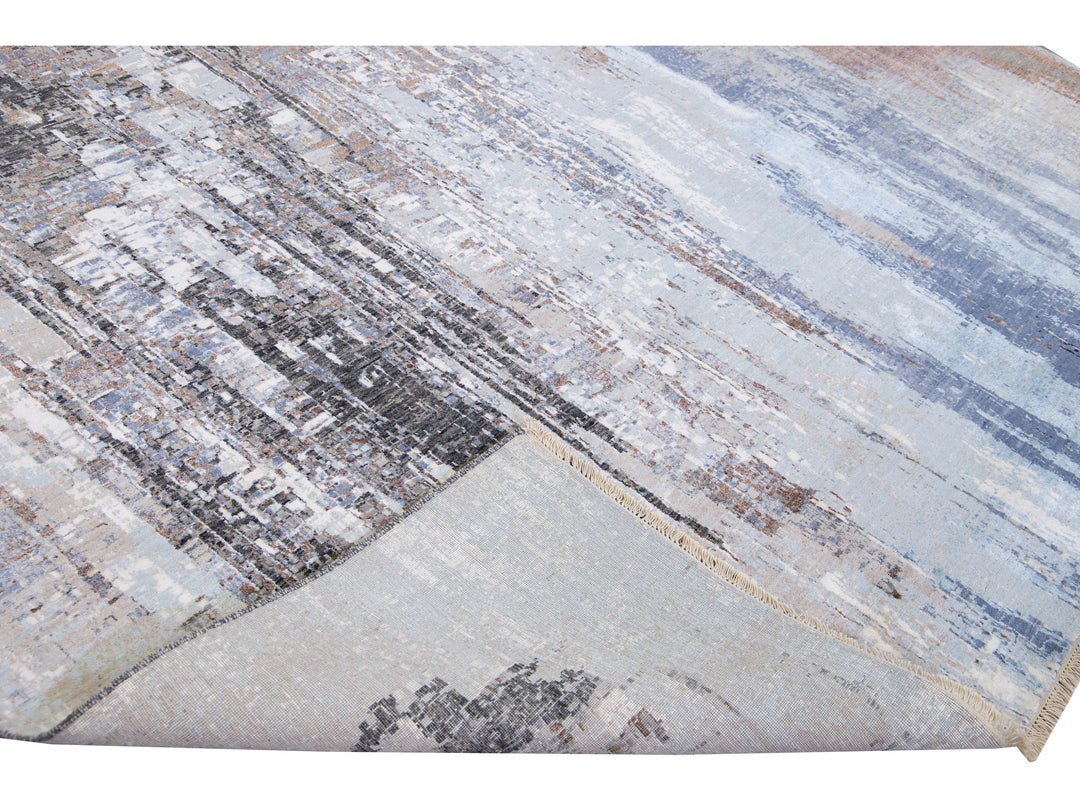Modern Indian Handmade Abstract Blue Wool and Silk Rug