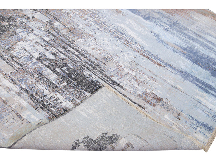 Modern Indian Handmade Abstract Blue Wool and Silk Rug