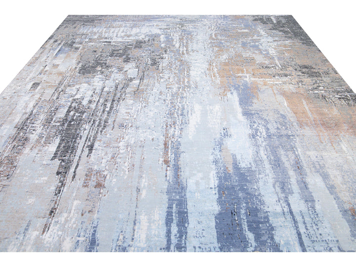 Modern Indian Handmade Abstract Blue Wool and Silk Rug