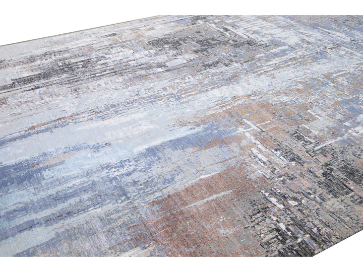 Modern Indian Handmade Abstract Blue Wool and Silk Rug