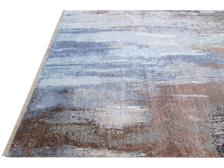 Modern Indian Handmade Abstract Blue Wool and Silk Rug